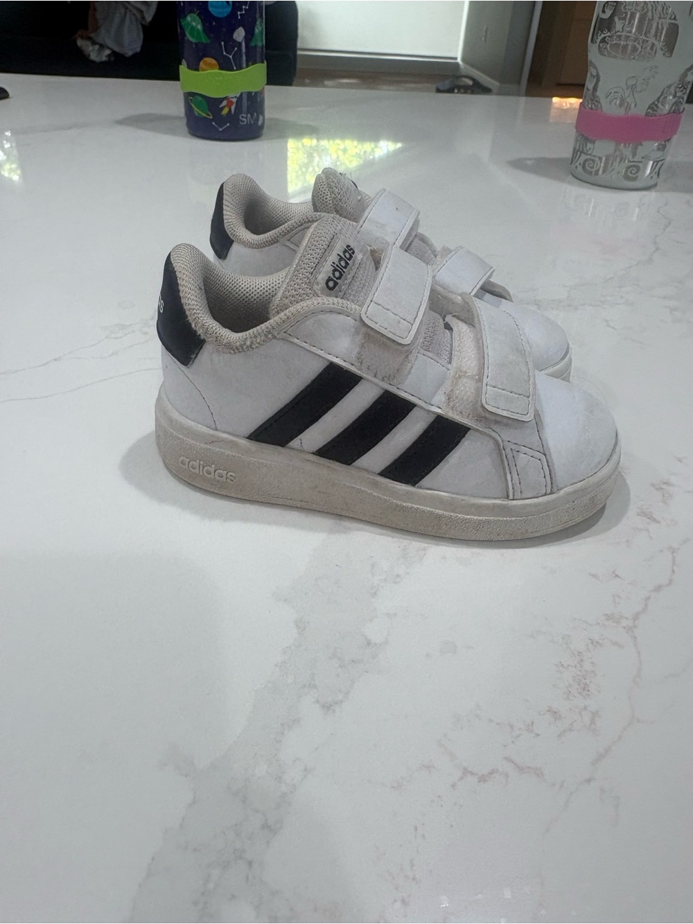 adidas Kids White Sneakers with Black Stripes and Velcro